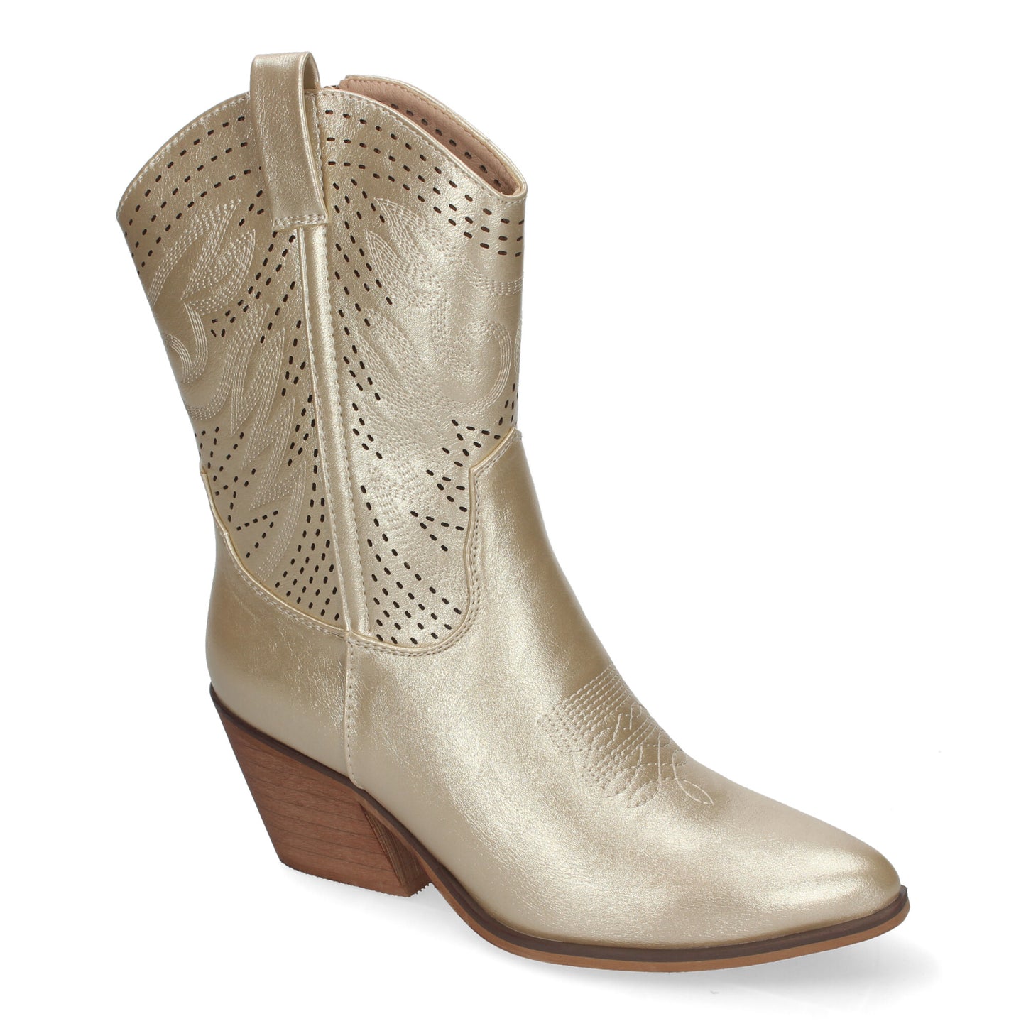 Botín de Tacón Campero para Mujer Estilo Vaquero Elegantes con Bordados en Pala y Caña Punta Afilada y Práctico Cierre Lateral de Cremallera color Oro