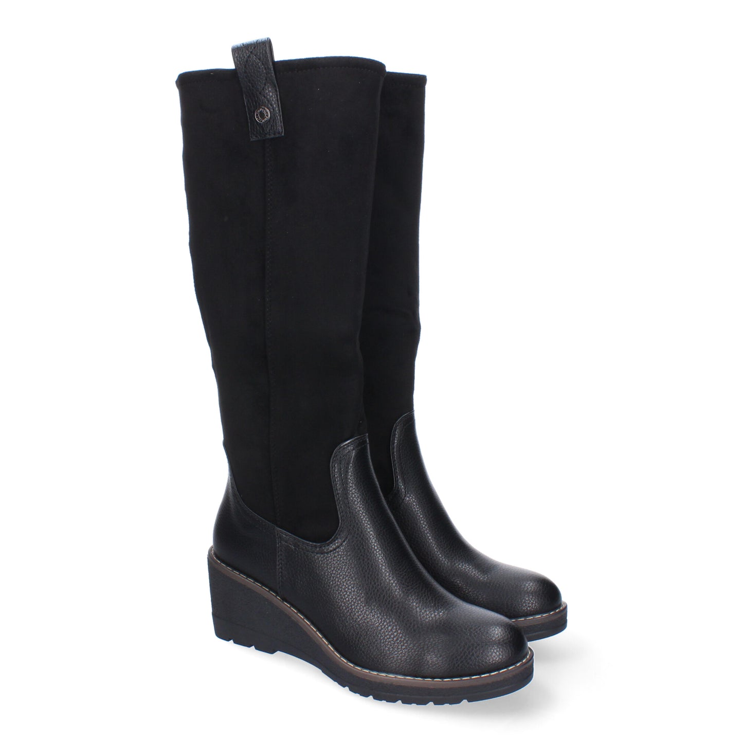Bota de caña alta con cuña para mujer color negro, cómoda, elegante, con puntera redonda y cremallera.