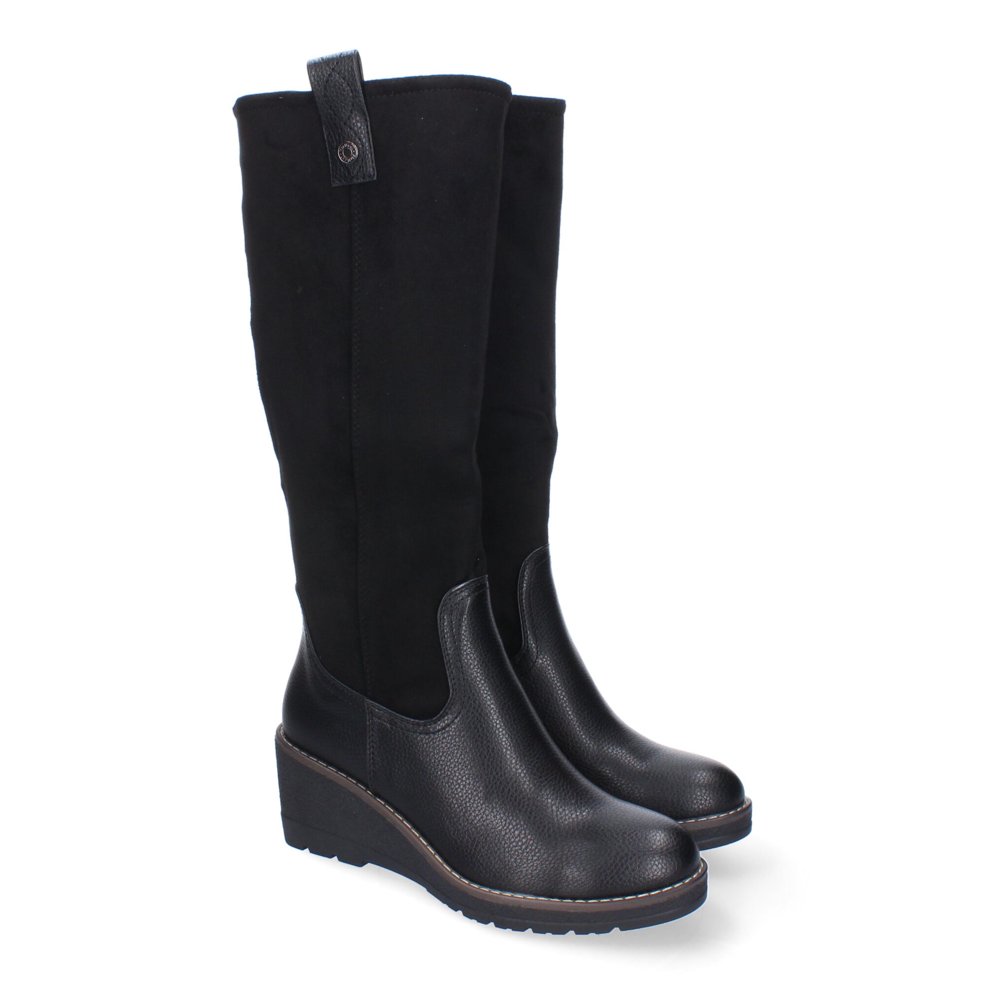 Bota de caña alta con cuña para mujer color negro, cómoda, elegante, con puntera redonda y cremallera.