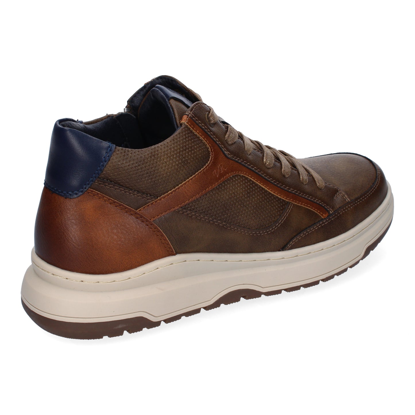 Zapatilla casual abotinada de hombre en color taupe, con puntera redonda, cordones y cremallera.