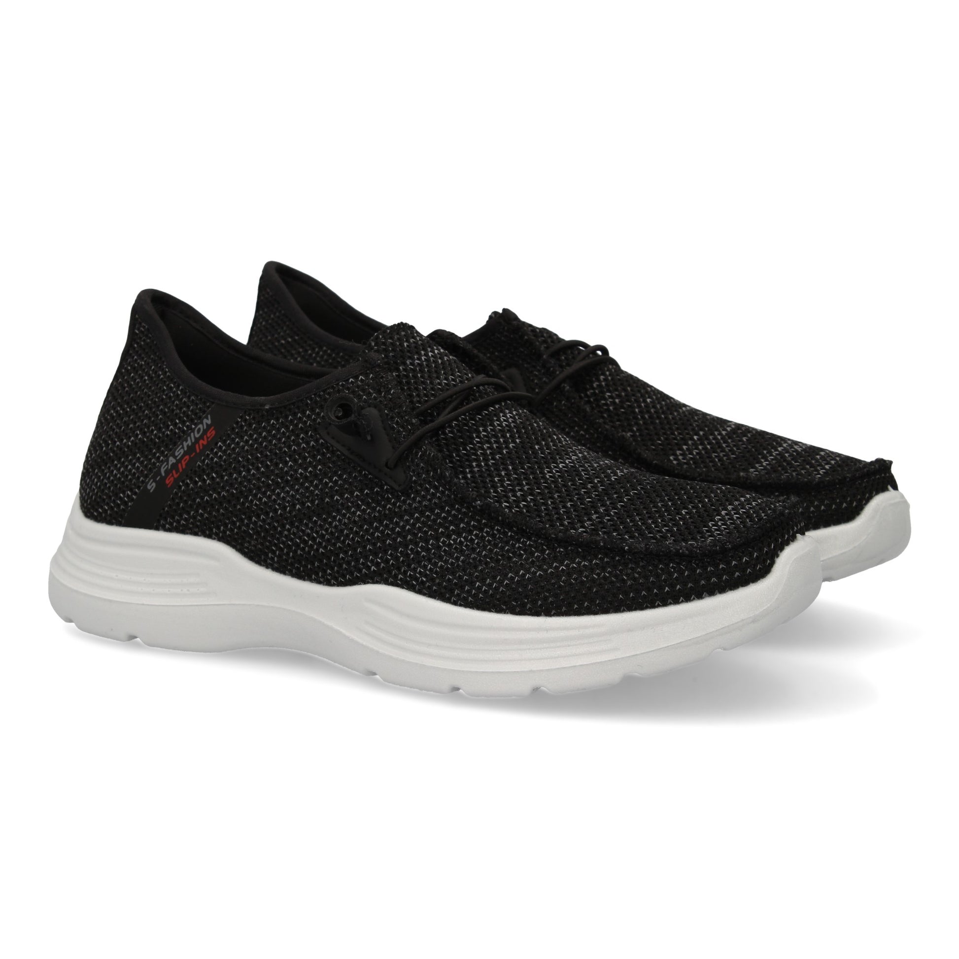 Zapatillas deportivas de hombre color negro, ligeras, cómodas, con cordones elásticos y detalles de costuras.