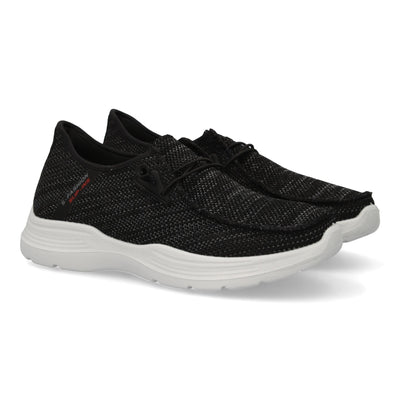 Zapatillas deportivas de hombre color negro, ligeras, cómodas, con cordones elásticos y detalles de costuras.