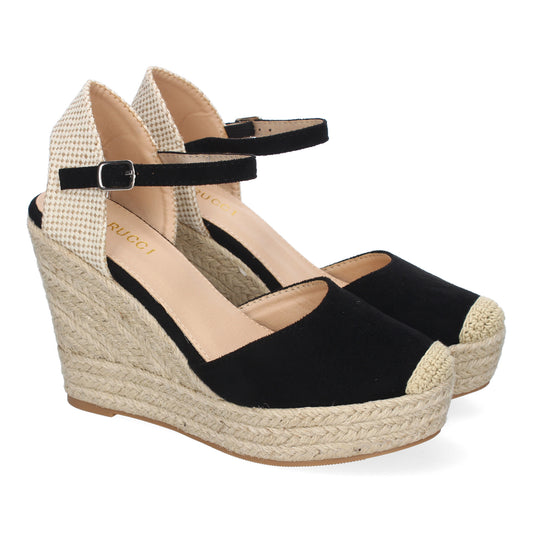 Sandalia de cuña de yute para mujer color negro, cómoda, elegante, con punta bordada y cierre de hebilla.