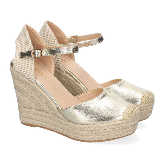 Sandalia de cuña de yute para mujer color oro, cómoda, elegante, con punta bordada y cierre de hebilla.