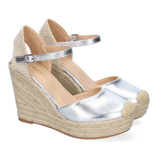 Sandalia de cuña de yute para mujer color plata, cómoda, elegante, con punta bordada y cierre de hebilla.