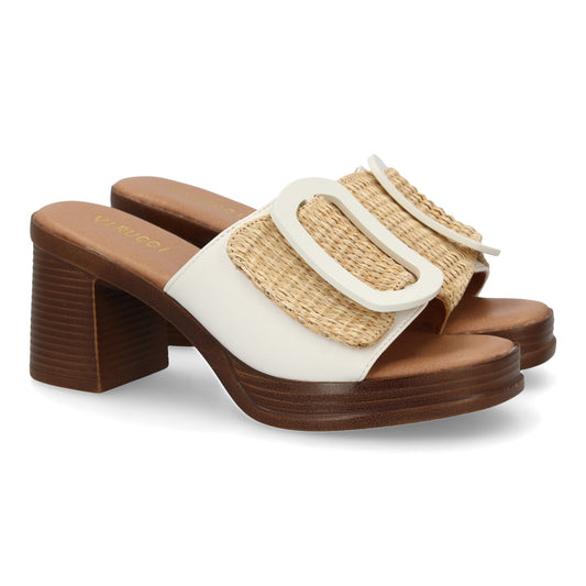 Zueco de tacón para mujer, cómodo, elegante, diseño moderno bicolor (blanco y negro) con hebilla decorativa.