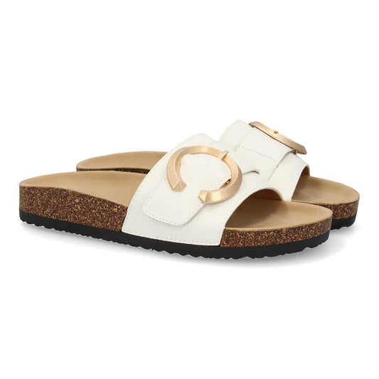 Sandalia plana de mujer color blanco, cómoda, diseño bio y detalle metálico. Ideal para verano.