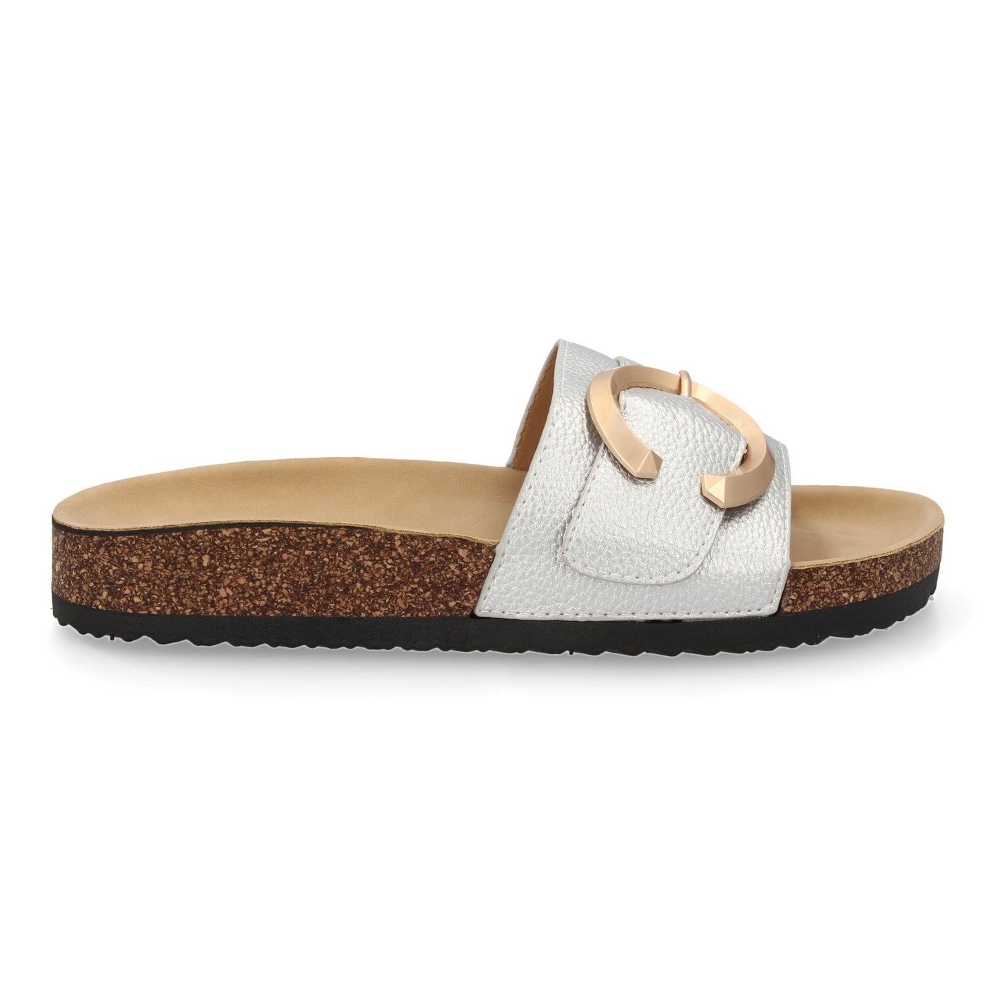 Sandalia Plana de Mujer Bio Elegante con Detalle Metálico Color Plata