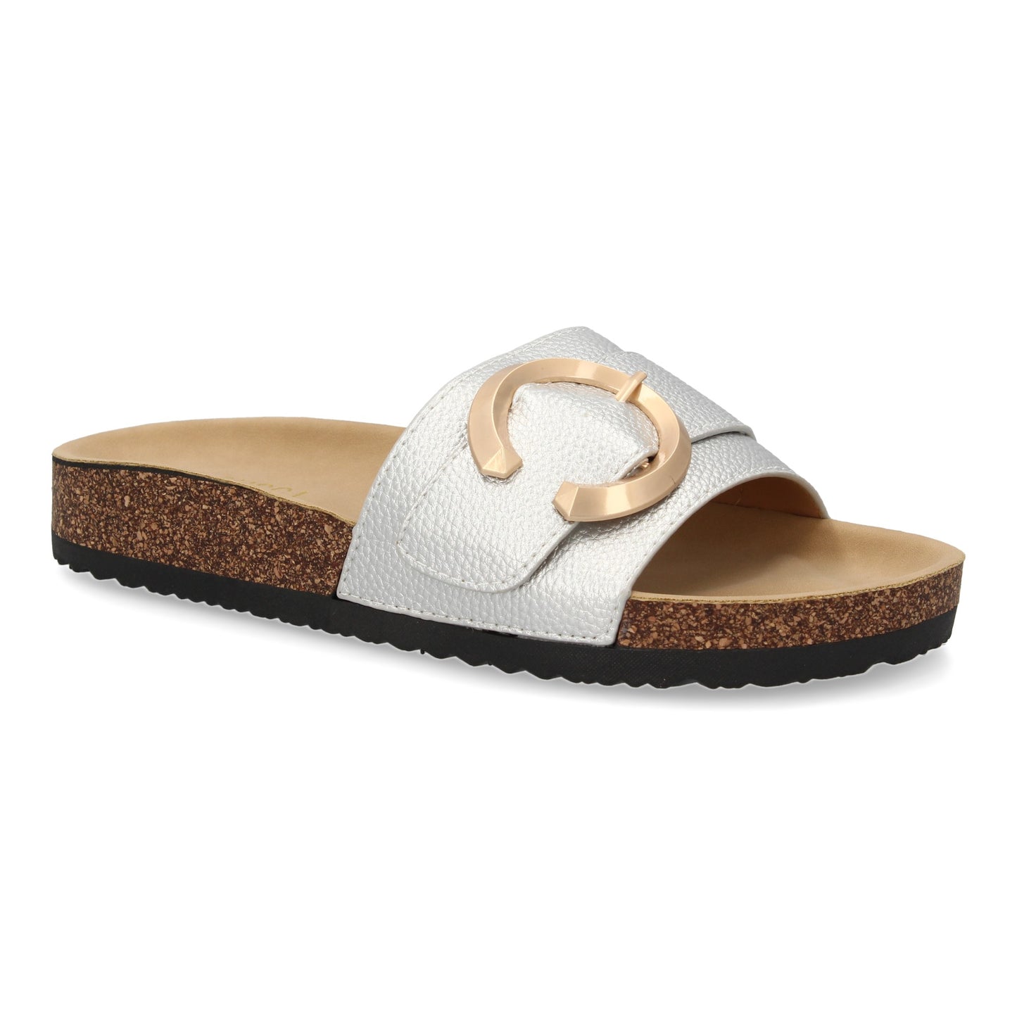 Sandalia Plana de Mujer Bio Elegante con Detalle Metálico Color Plata