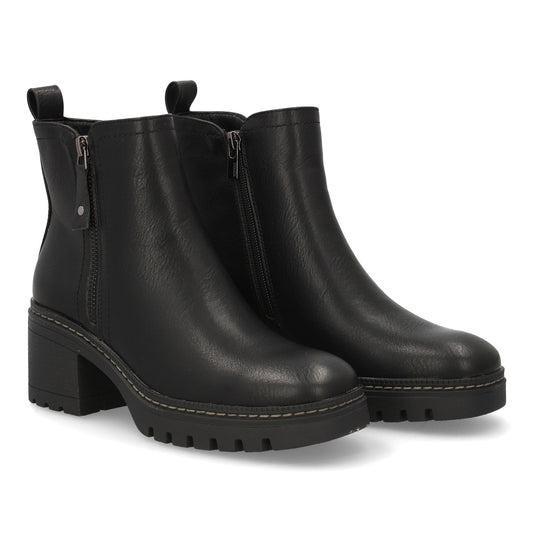 Botín de tacón para mujer color negro, estampado liso, cremallera interior y cremallera decorativa exterior.