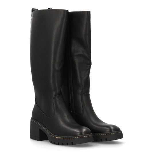 Bota de caña alta para mujer color negro, diseño elegante con tacón ancho y suela dentada.