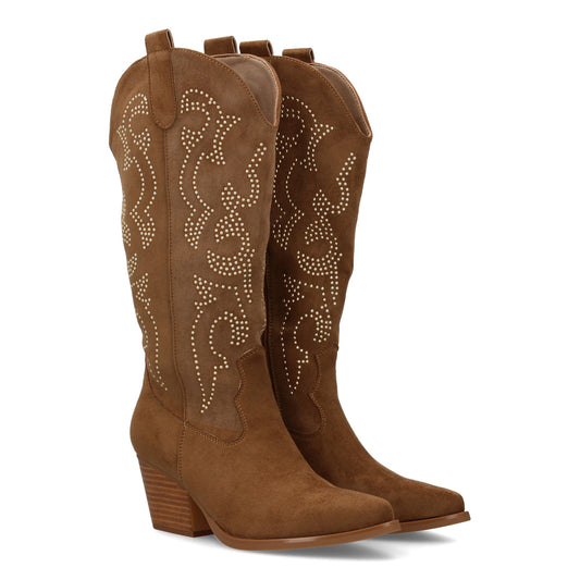Bota de mujer estilo cowboy color taupe con tacón cubano de 6cm. Diseño elegante con detalles brillantes y cremallera lateral.