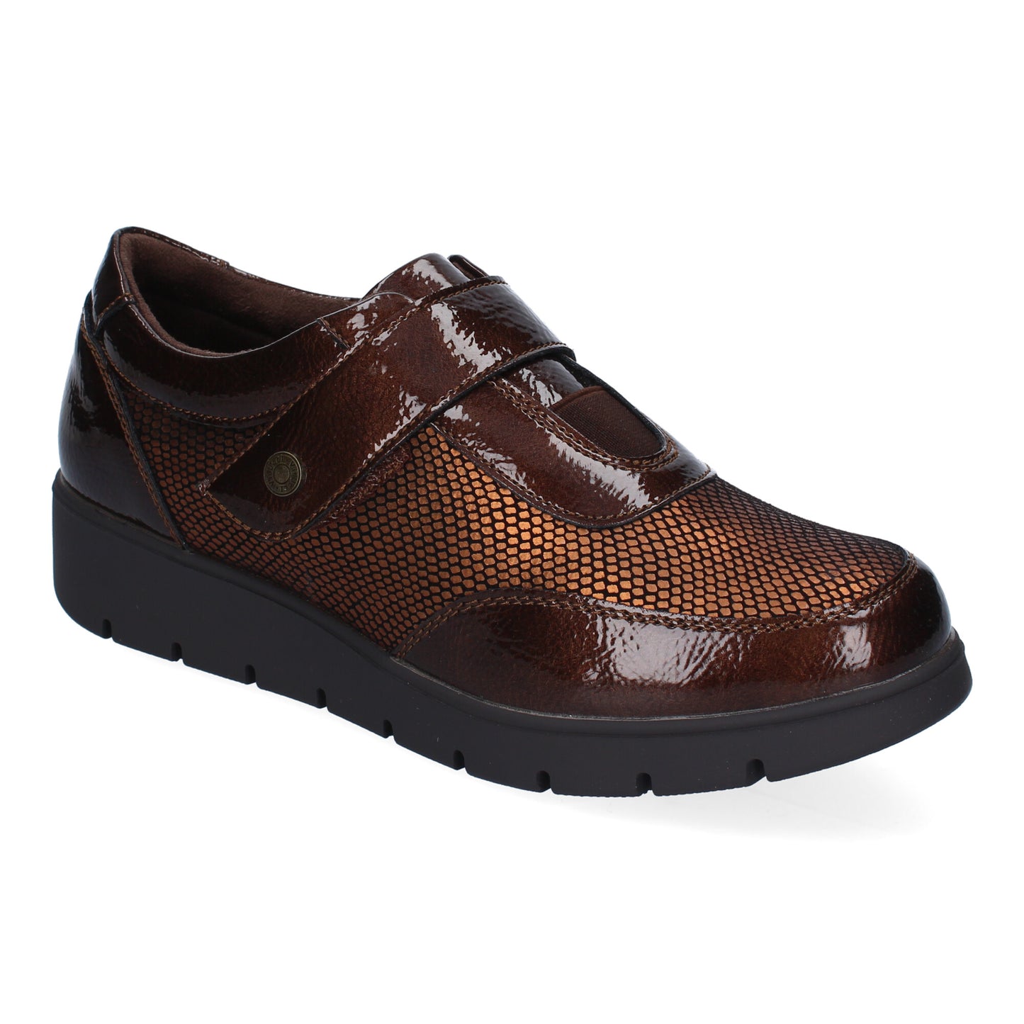 Zapatillas casual de mujer en color bronce, con cierre de velcro ajustable y puntera redonda.