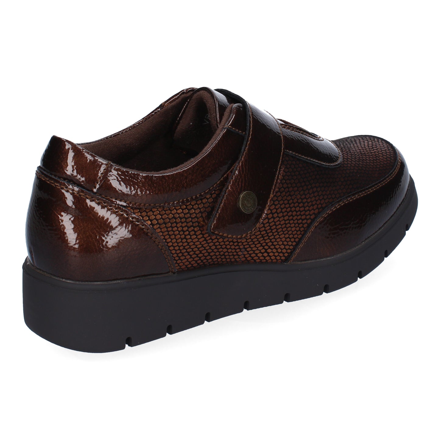 Zapatillas casual de mujer en color bronce, con cierre de velcro ajustable y puntera redonda.