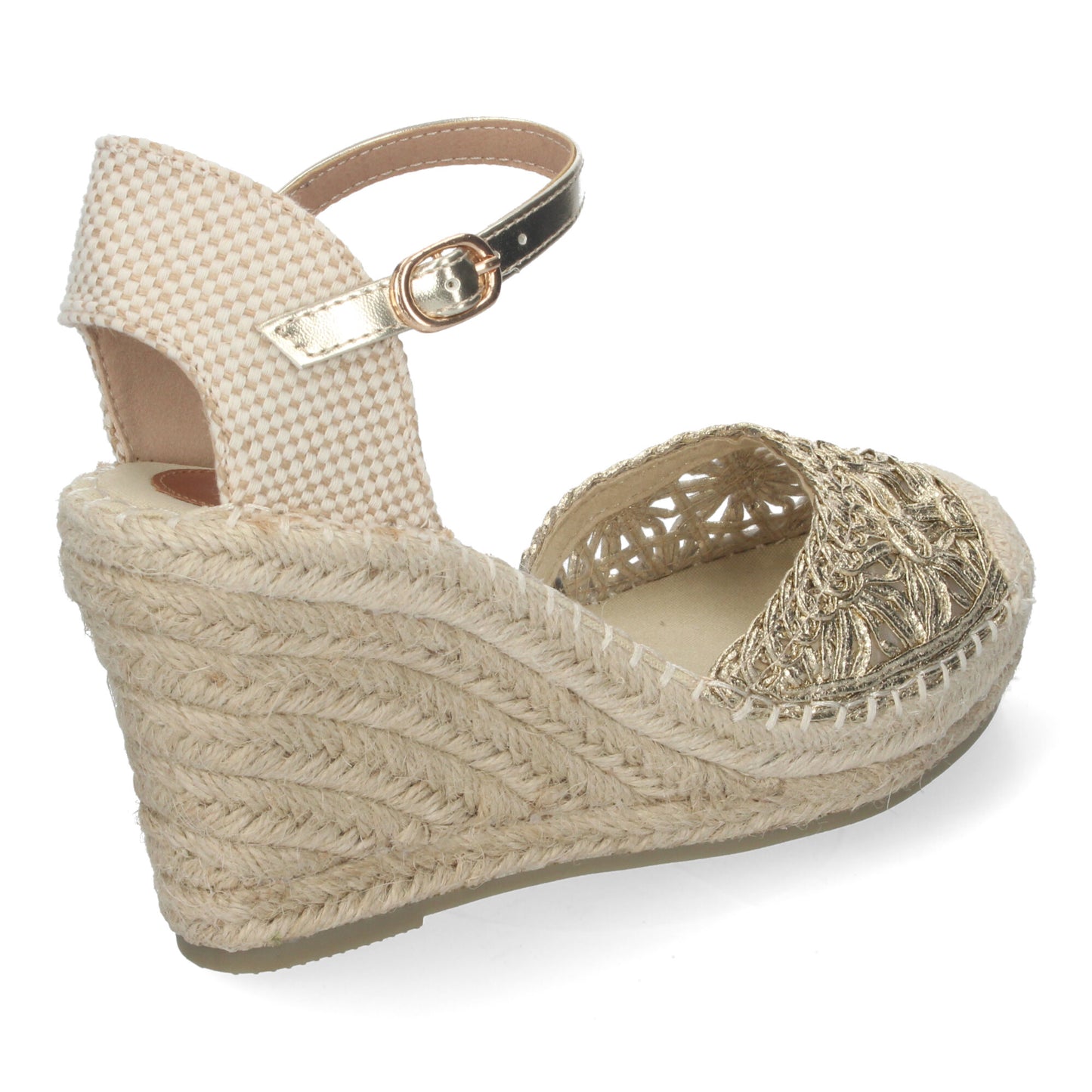 Sandalia de Cuña de Yute para Mujer Estilo Valenciana con Bordados de Flores Cierre de Hebilla ideal para Primavera-Verano.