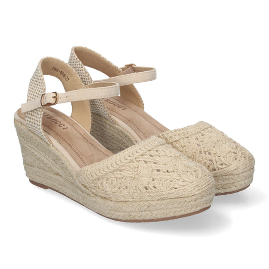 Sandalia de Cuña de Yute para Mujer Estilo Valenciana con Bordados de Flores Cierre de Hebilla ideal para Primavera-Verano.