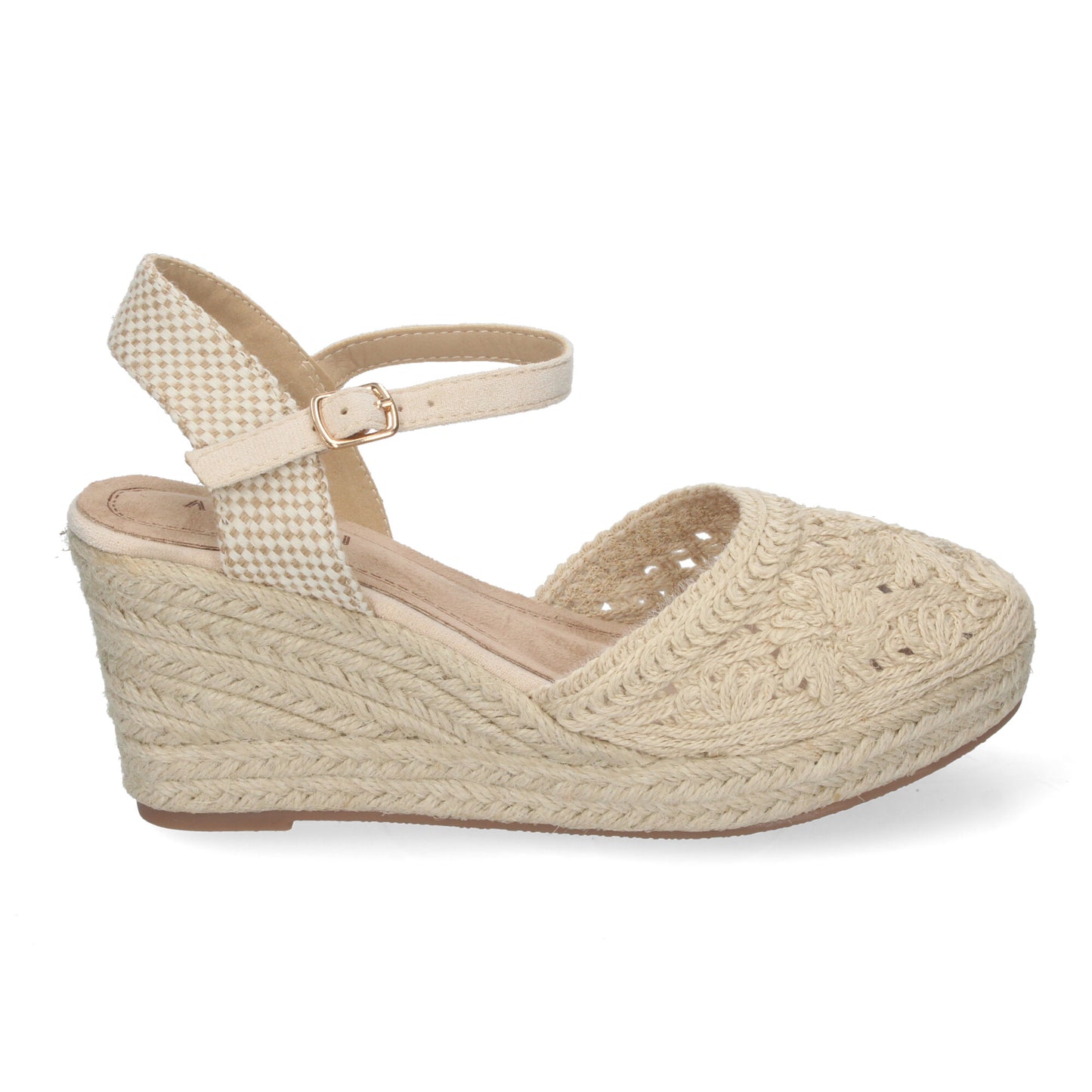 Sandalia de Cuña de Yute para Mujer Estilo Valenciana con Bordados de Flores Cierre de Hebilla ideal para Primavera-Verano.