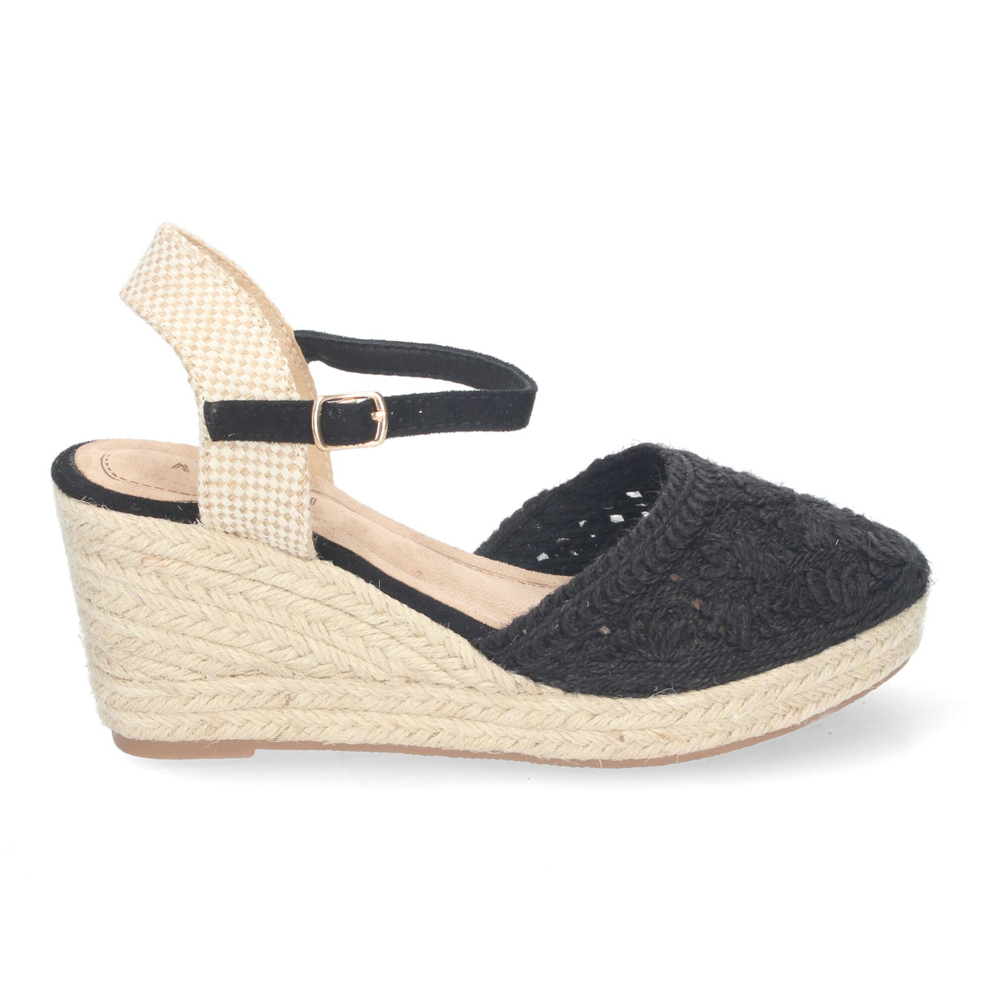 Sandalia de Cuña de Yute para Mujer Estilo Valenciana con Bordados de Flores Cierre de Hebilla ideal para Primavera-Verano.