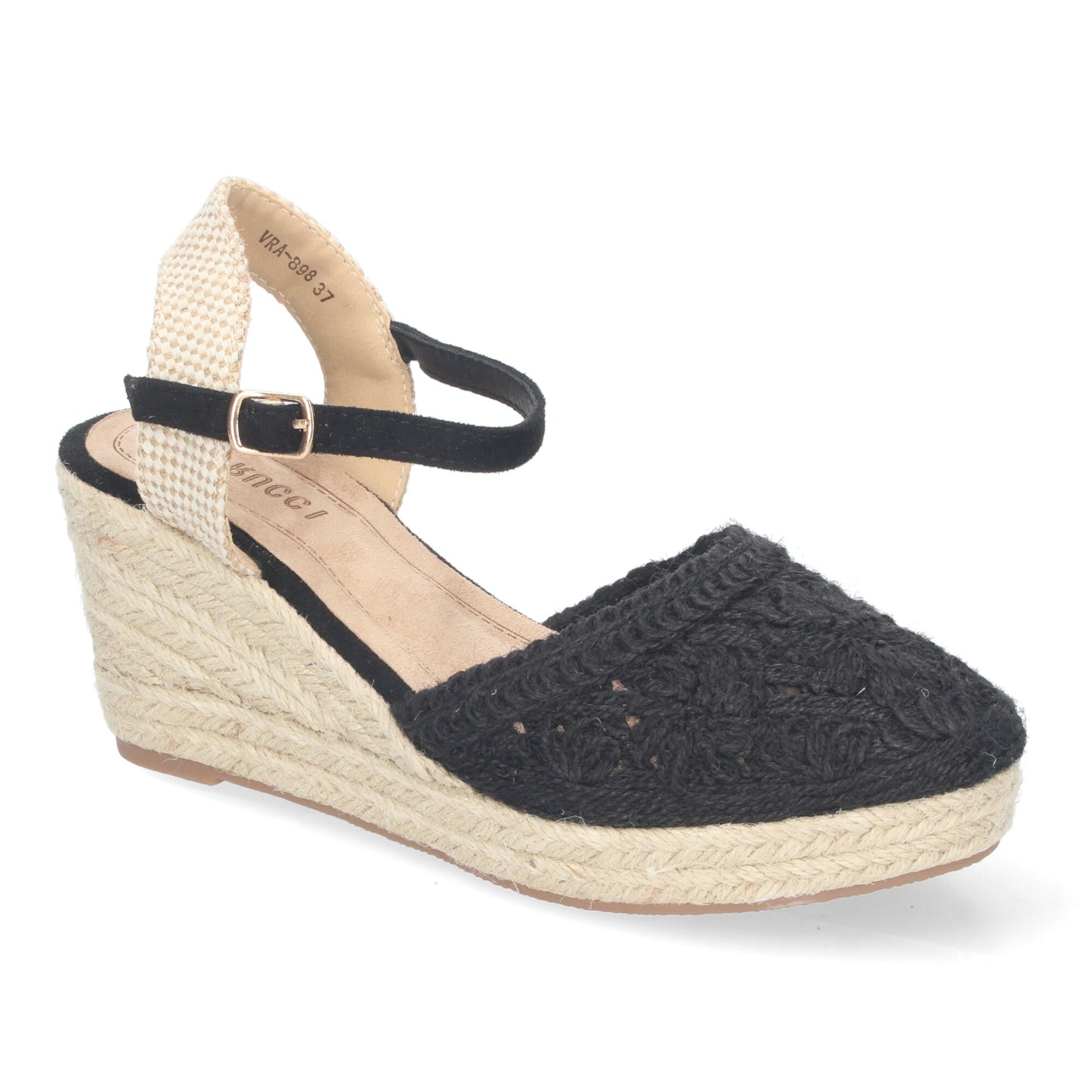Sandalia de Cuña de Yute para Mujer Estilo Valenciana con Bordados de Flores Cierre de Hebilla ideal para Primavera-Verano.