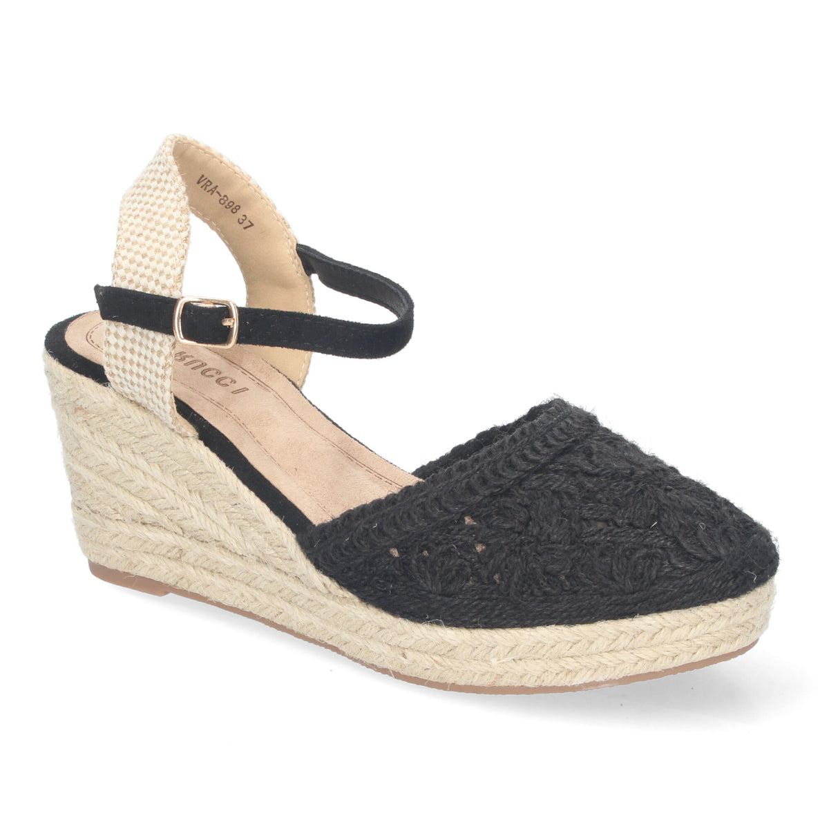 Sandalia de Cuña de Yute para Mujer Estilo Valenciana con Bordados de Flores Cierre de Hebilla ideal para Primavera-Verano.