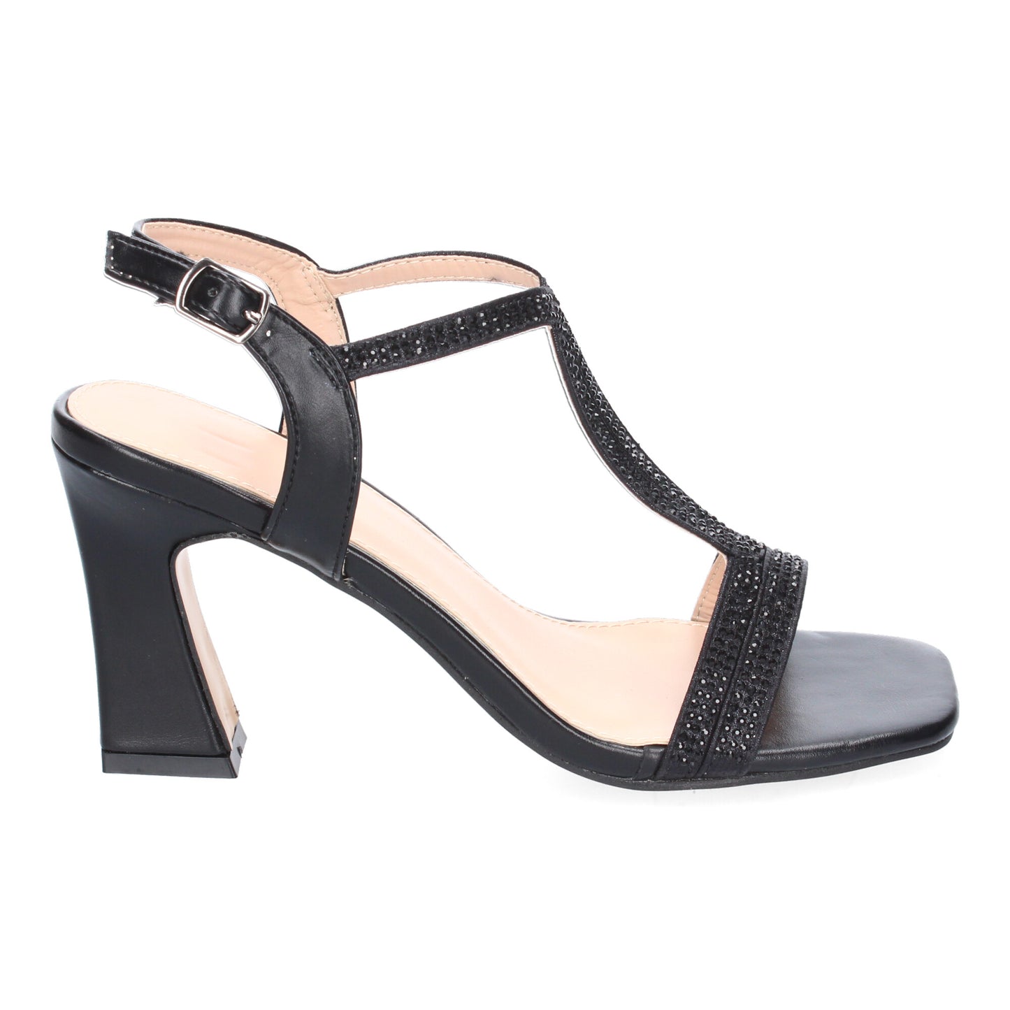 Sandalias de Tacón Negro Mujer con Tiras y Adornos Brillantes