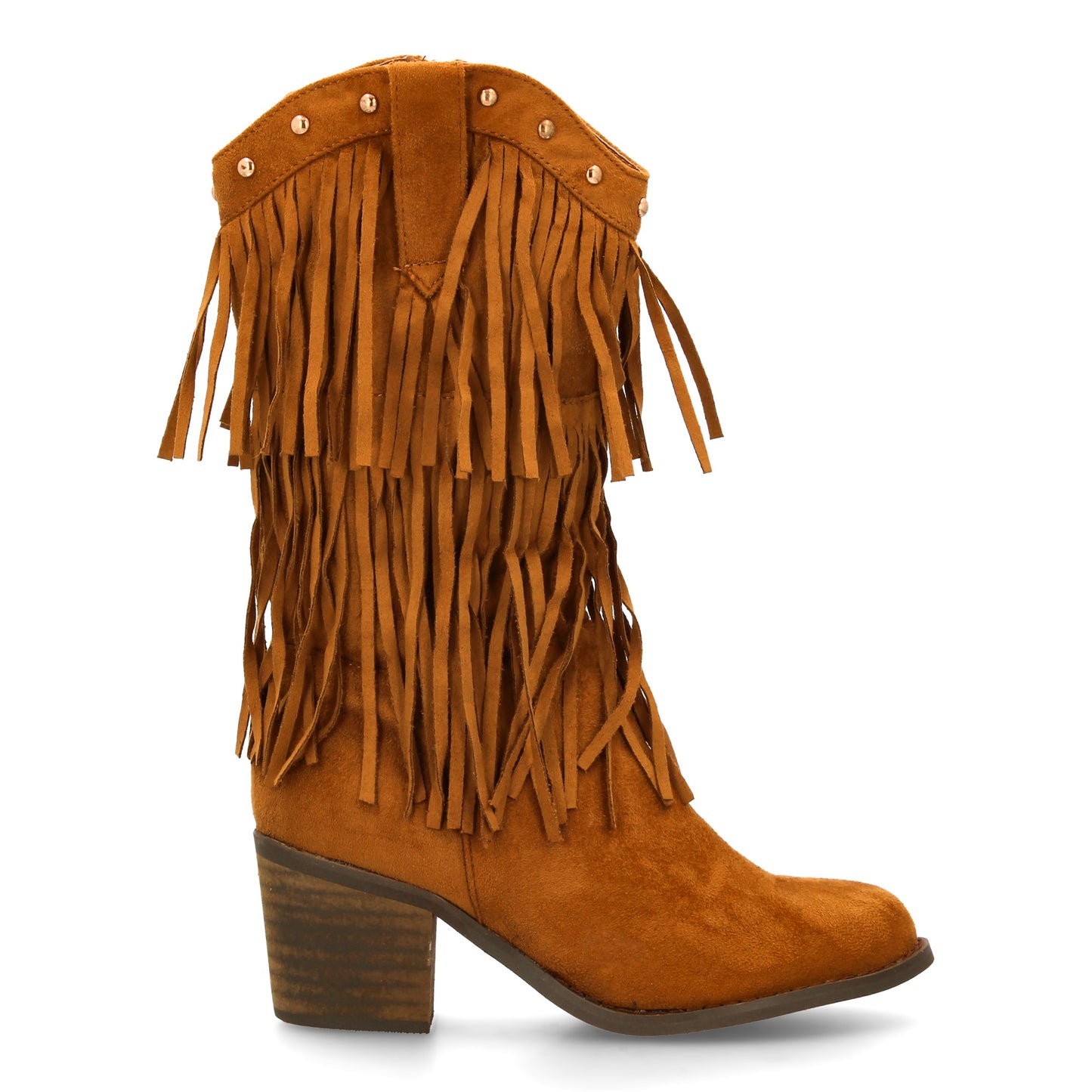 Bota Cowboy Mujer Camel con Flecos y Tacón Ancho