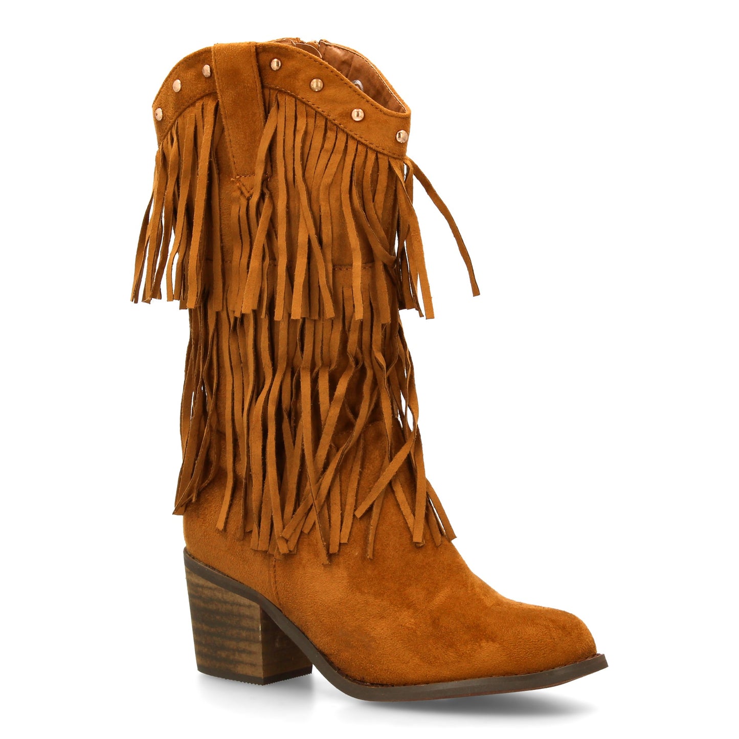 Bota Cowboy Mujer Camel con Flecos y Tacón Ancho