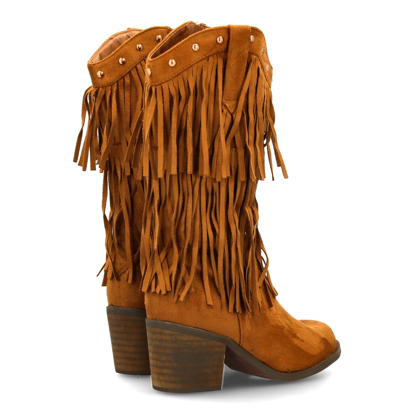 Bota Cowboy Mujer Camel con Flecos y Tacón Ancho