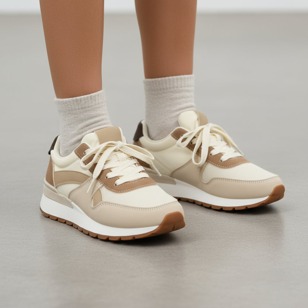 Zapatilla sneaker de mujer con plataforma gruesa en color camel.