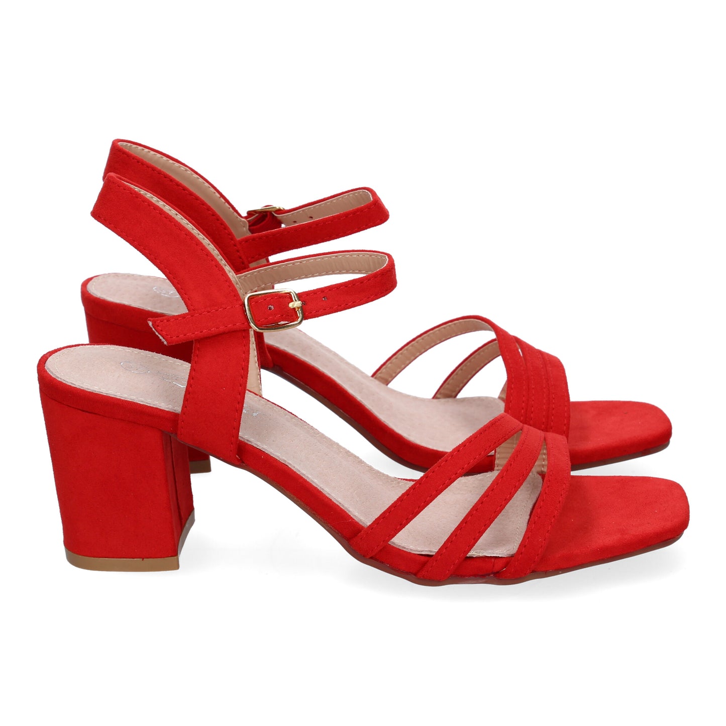 Sandalia de tacón para mujer en color rojo intenso. Diseño de palas finas con talón abierto y cierre de hebilla en el tobillo.