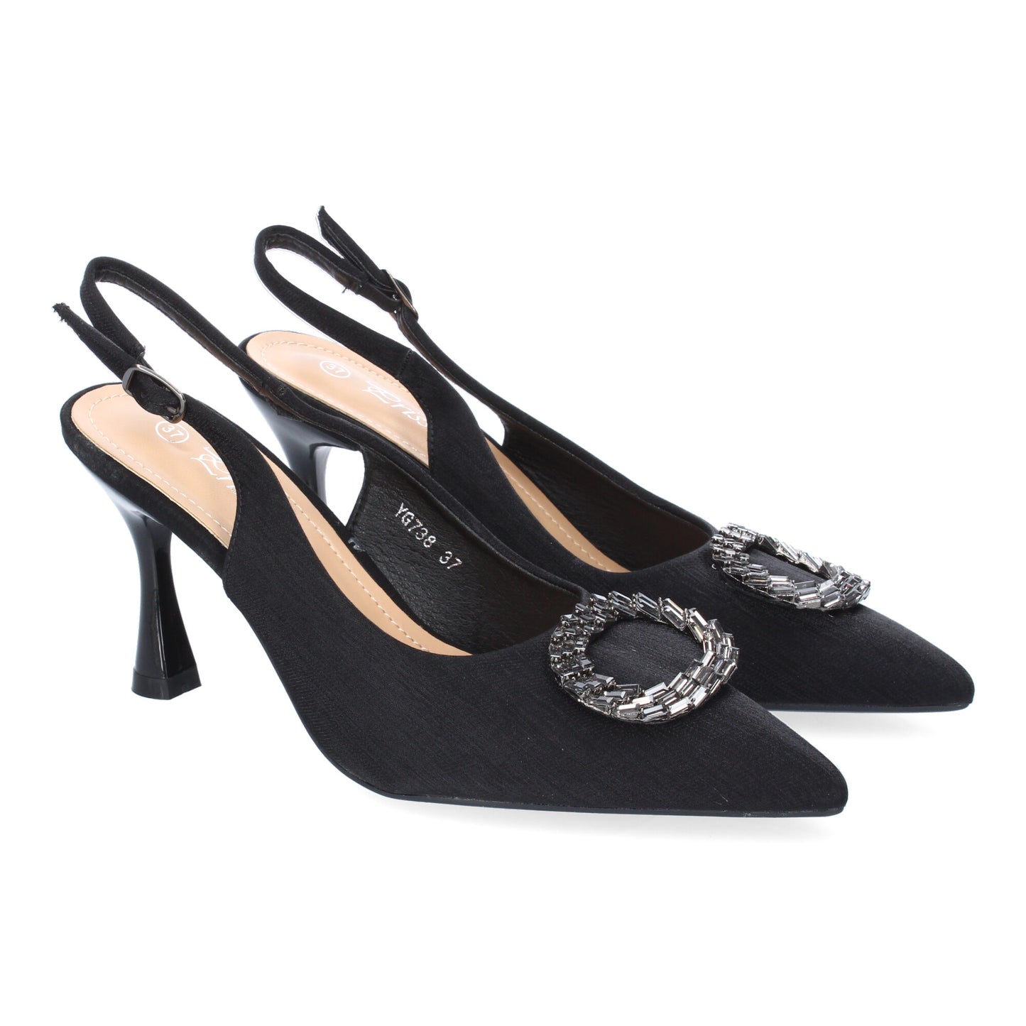 Zapato de salón negro para mujer. Elegante diseño con puntera y adorno brillante. Tacón fino y cierre de hebilla.