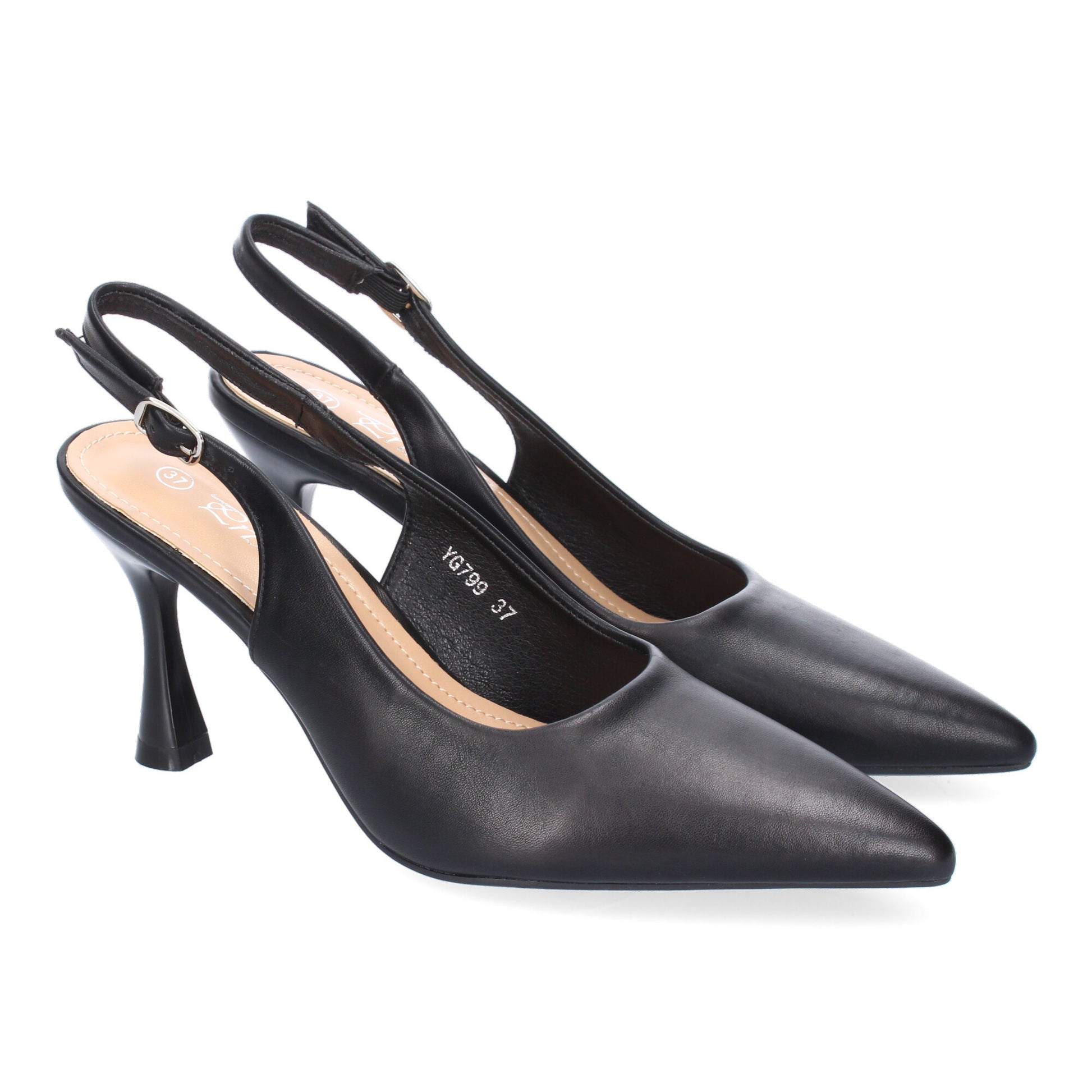 Zapato de salón color negro para mujer con tacón y puntera fina. Diseño con talón abierto y hebilla ajustable en el tobillo.