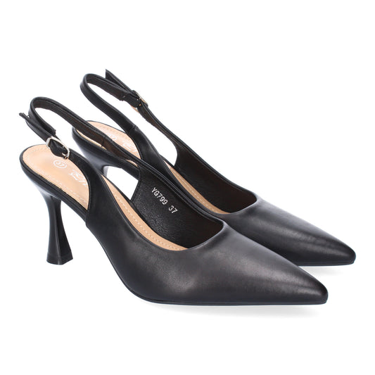 Zapato de salón color negro para mujer con tacón y puntera fina. Diseño con talón abierto y hebilla ajustable en el tobillo.