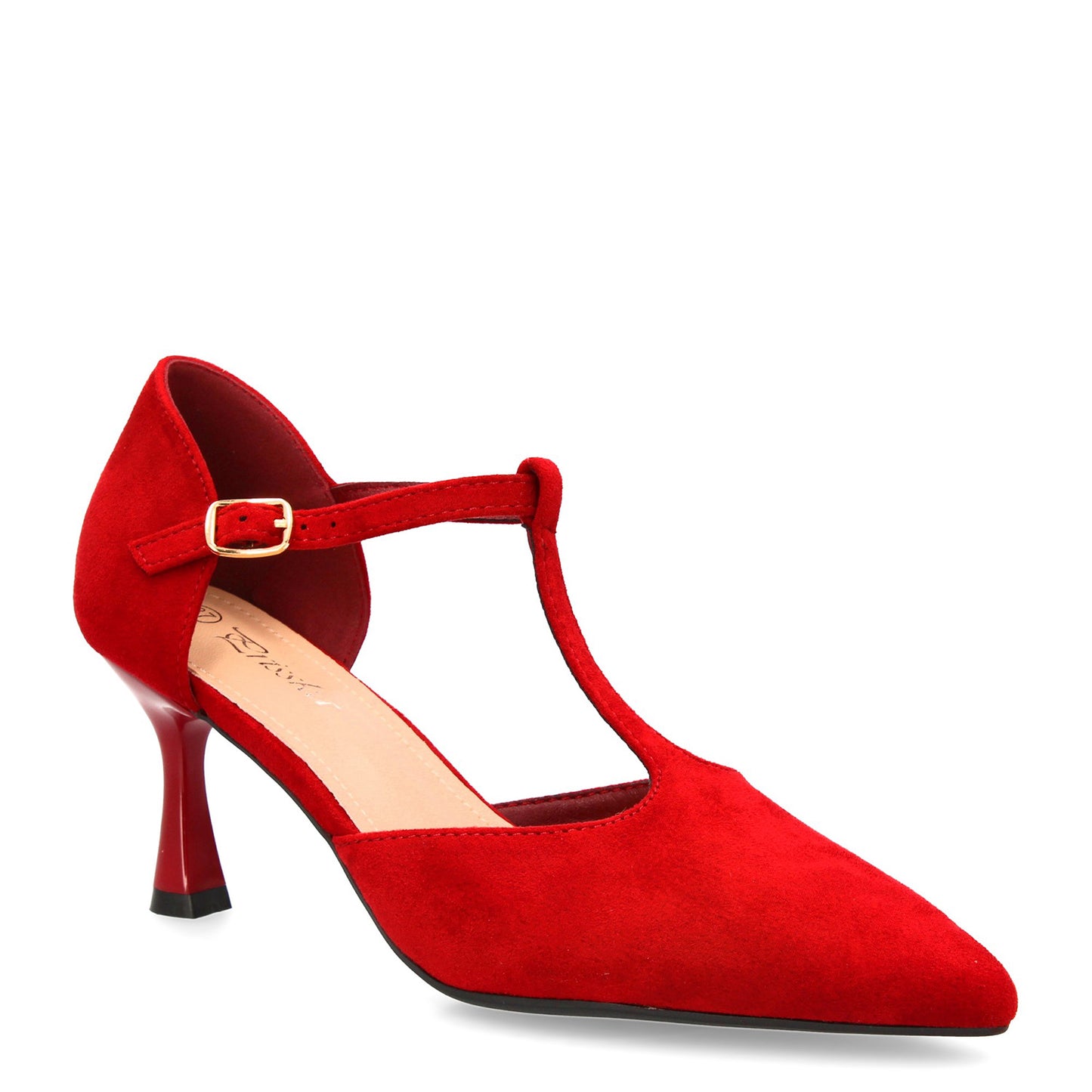 Zapatos de tacón burdeos con tira en T y hebilla