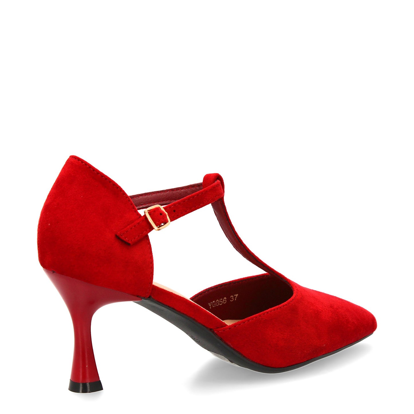 Zapatos de tacón burdeos con tira en T y hebilla