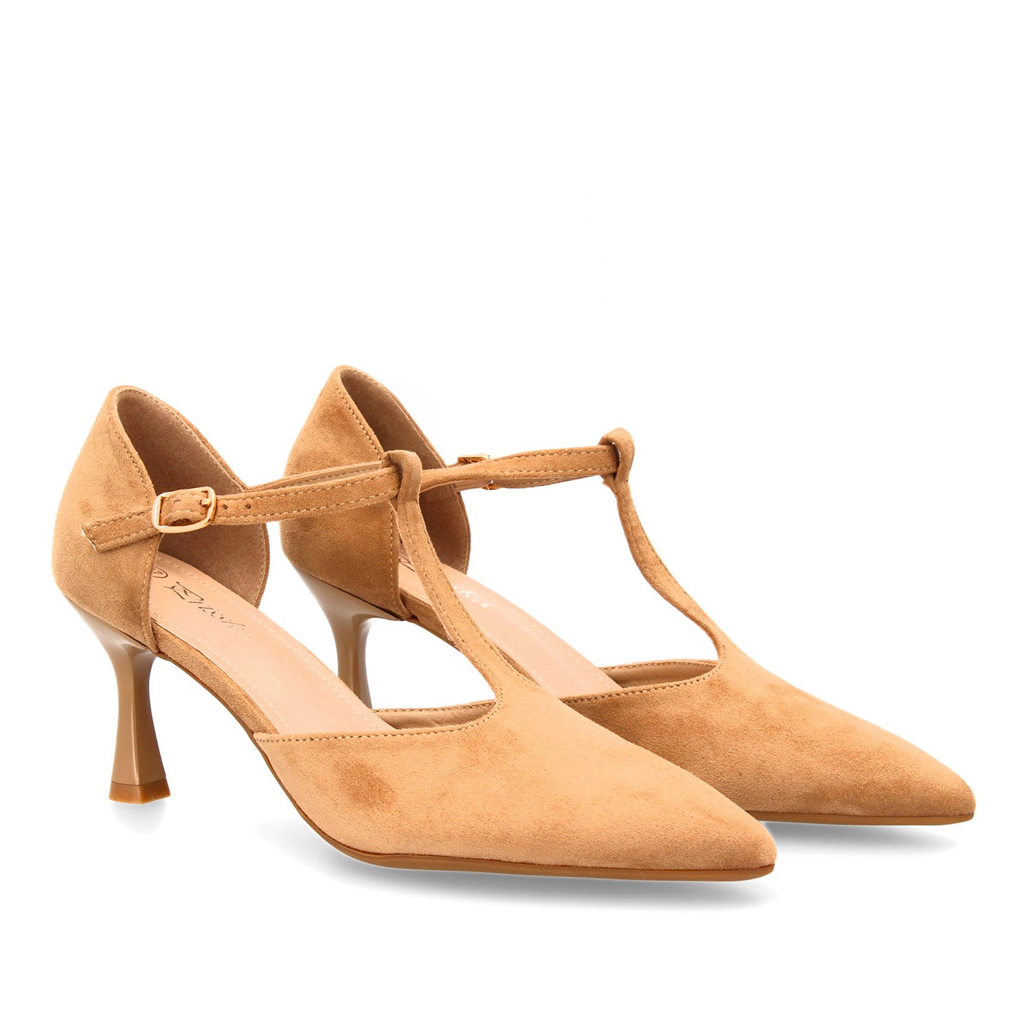 Zapatos de tacón de mujer color kaki, estilo salón con tira en T, tacón fino y cierre de hebilla.