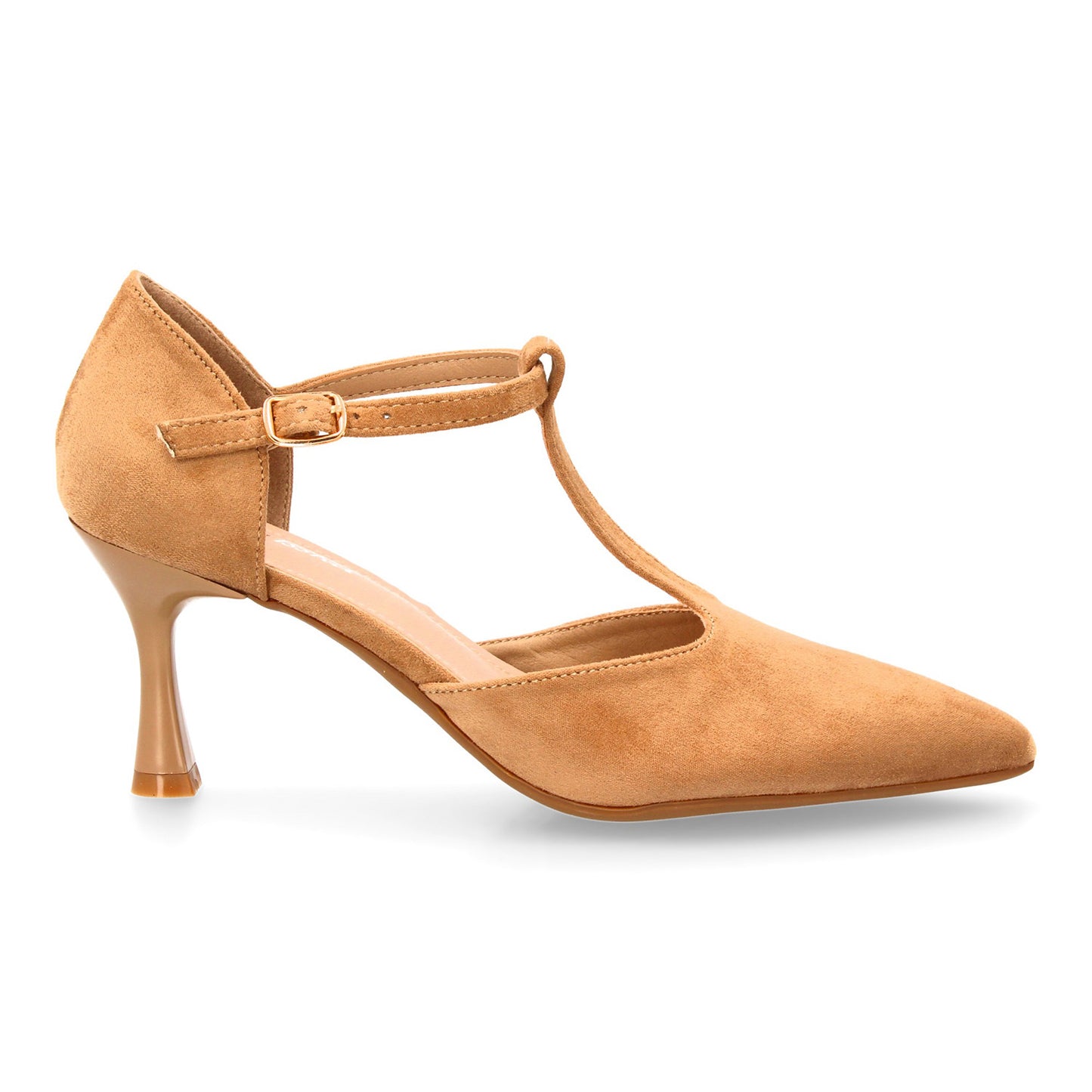 Zapatos de tacón kaki con tira en T y hebilla