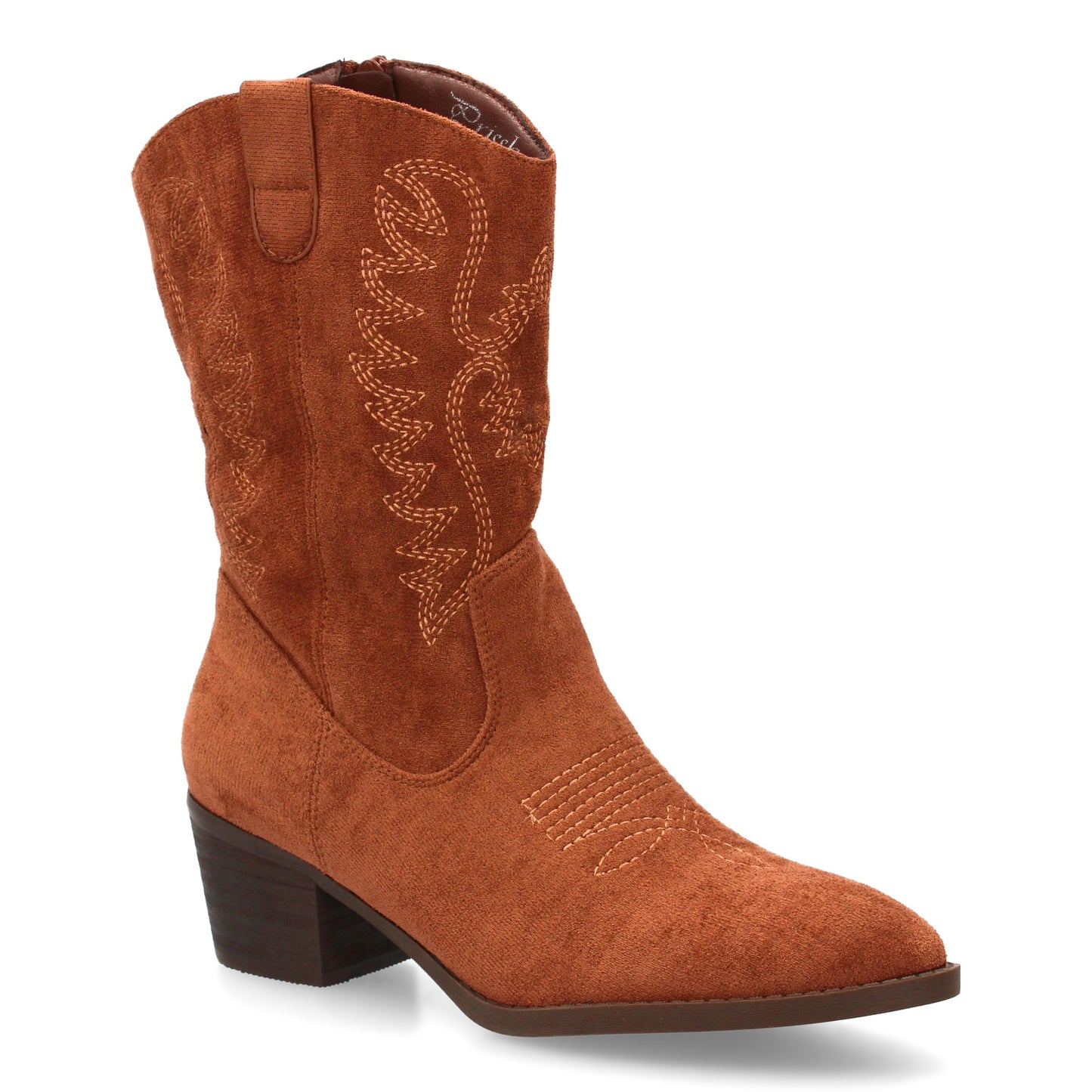 Bota cowboy marrón de caña media con bordados y punta fina