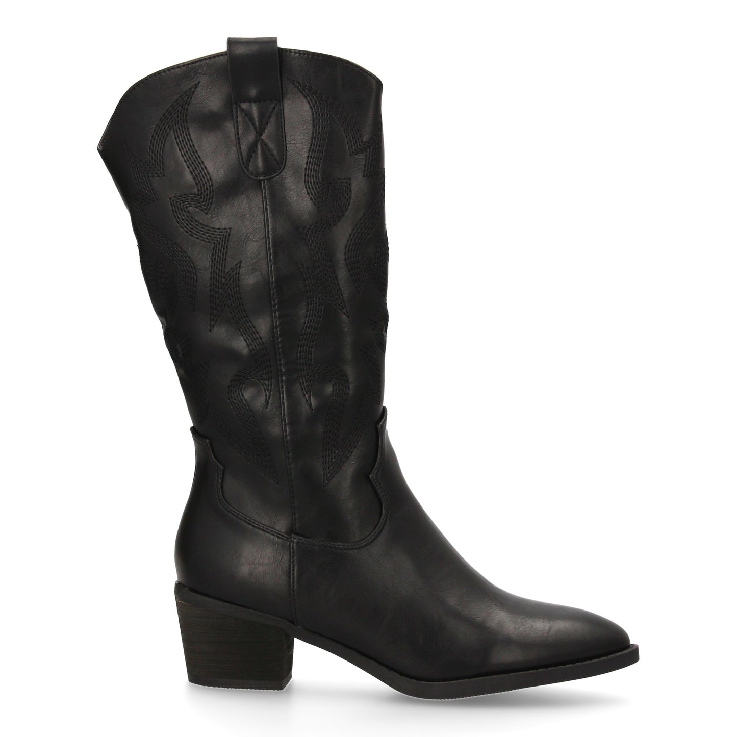 Bota cowboy negra con bordados decorativos y tacón ancho