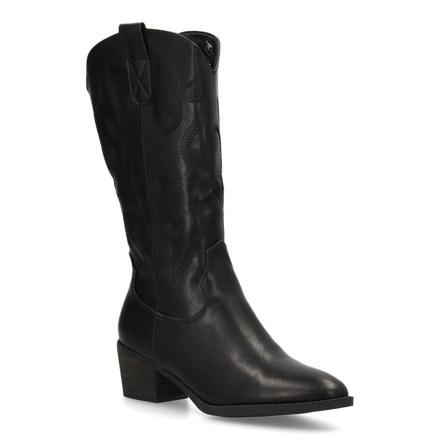 Bota cowboy negra con bordados decorativos y tacón ancho