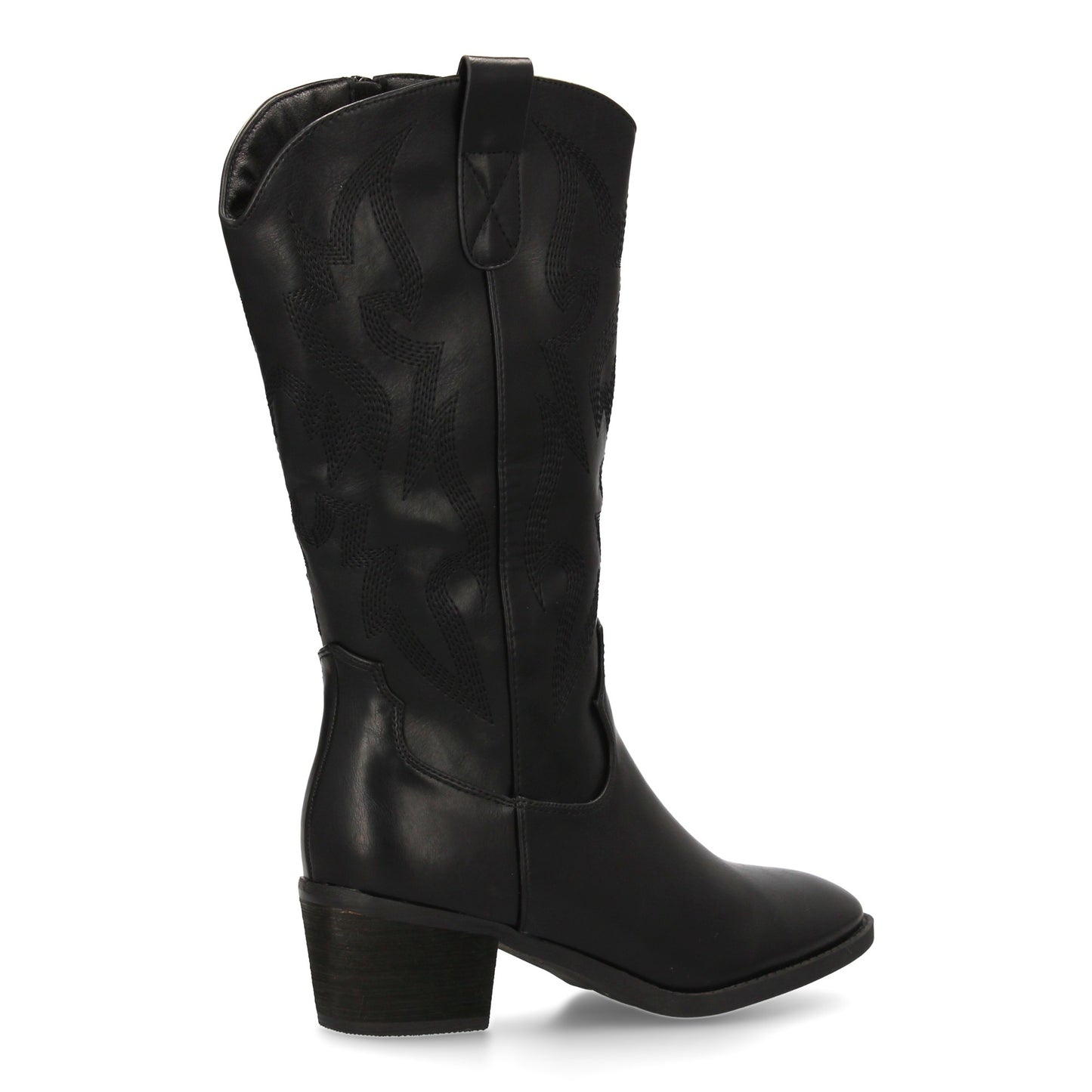 Bota cowboy negra con bordados decorativos y tacón ancho