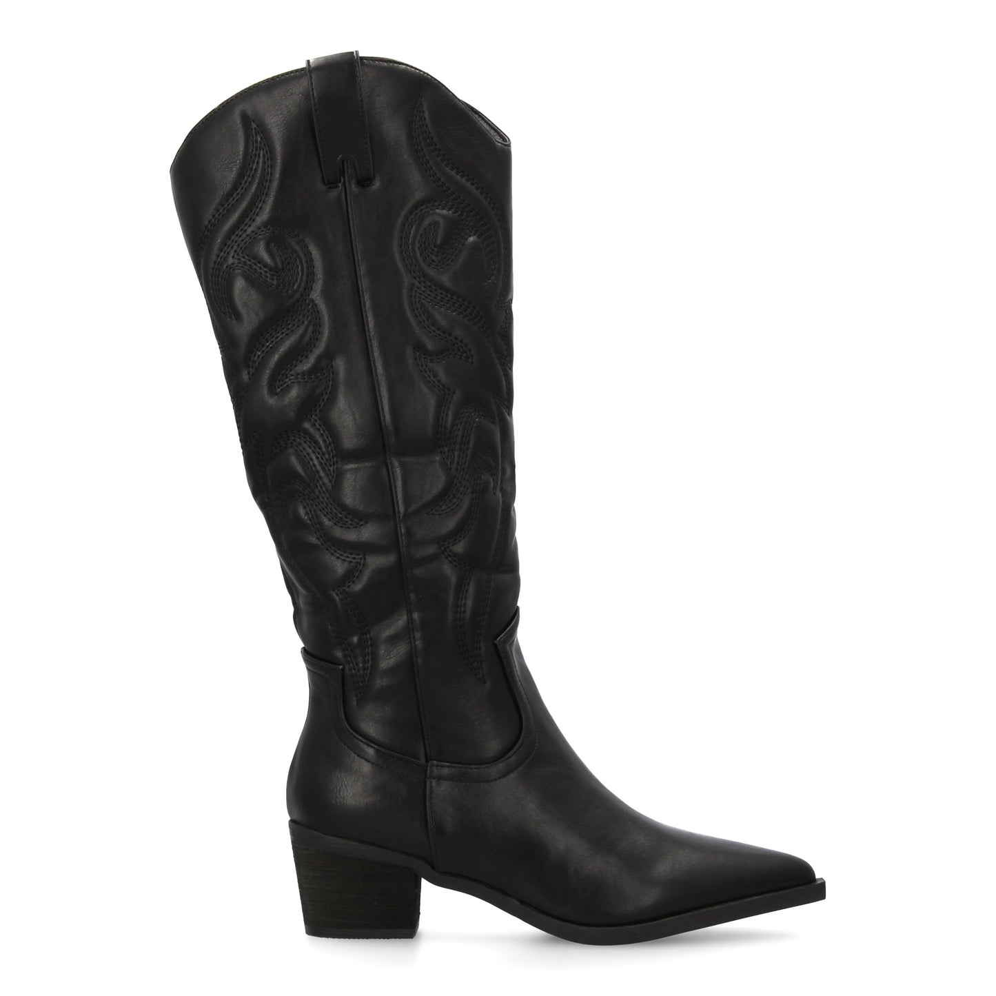 Bota cowboy negra de caña alta con bordados y tacón ancho