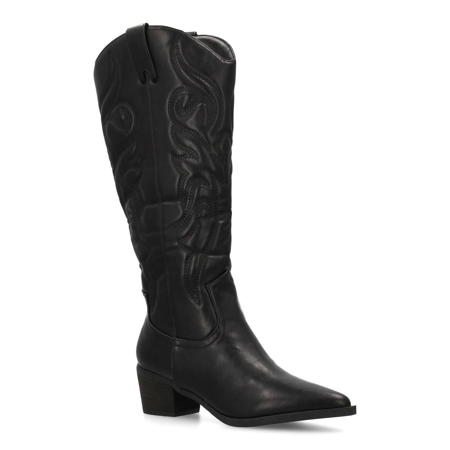 Bota cowboy negra de caña alta con bordados y tacón ancho
