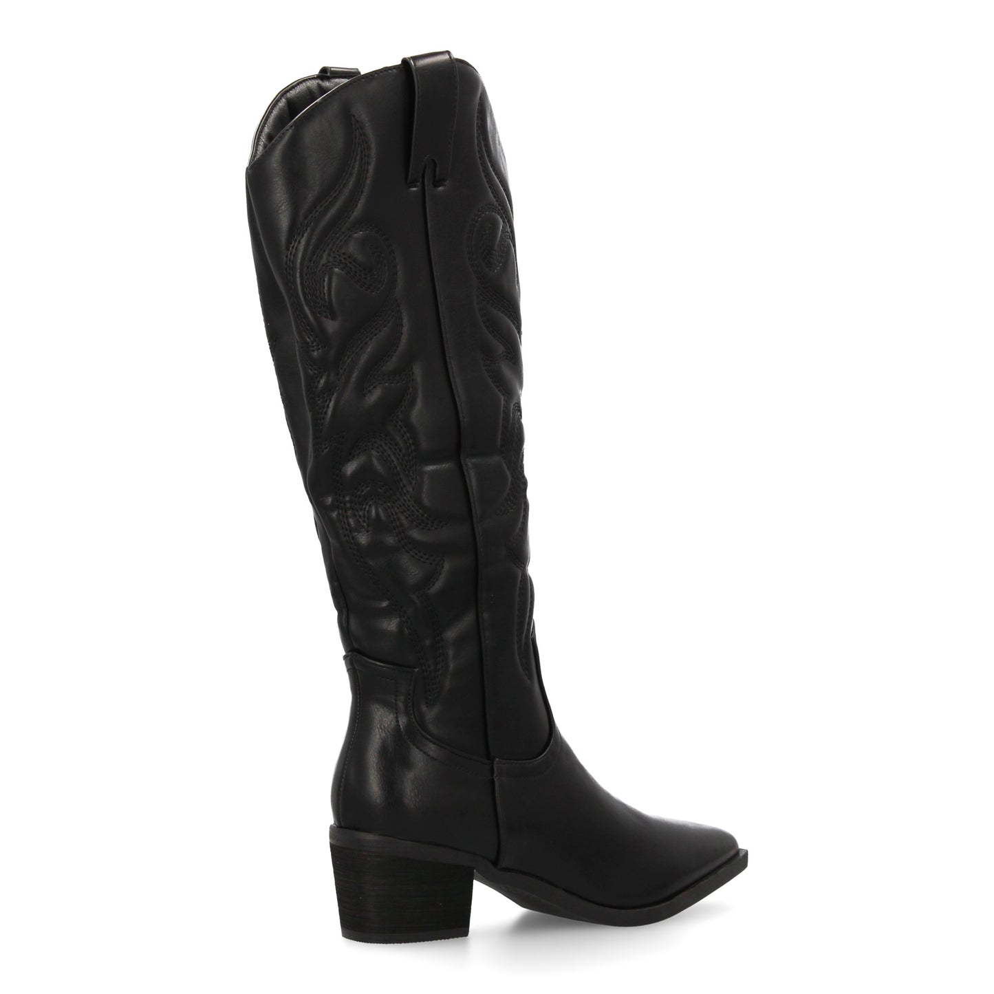 Bota cowboy negra de caña alta con bordados y tacón ancho
