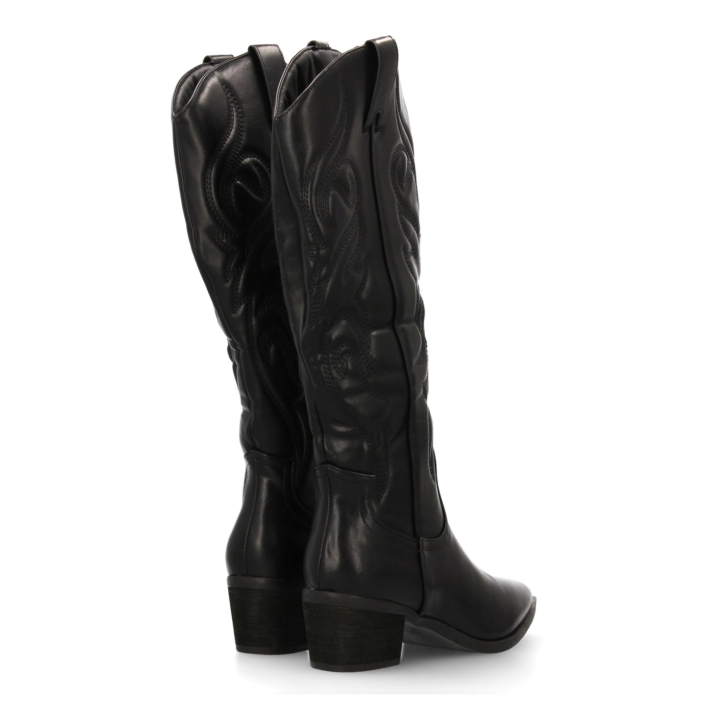 Bota cowboy negra de caña alta con bordados y tacón ancho