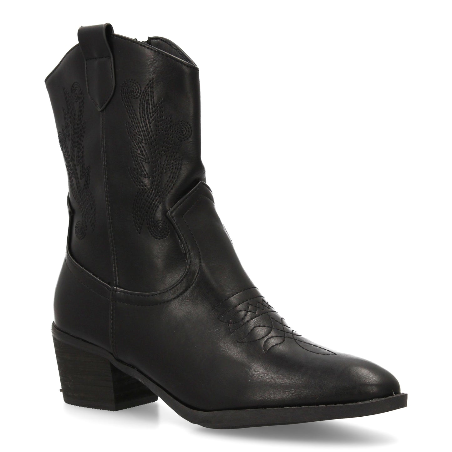 Bota cowboy negra de caña media con bordados y tacón ancho