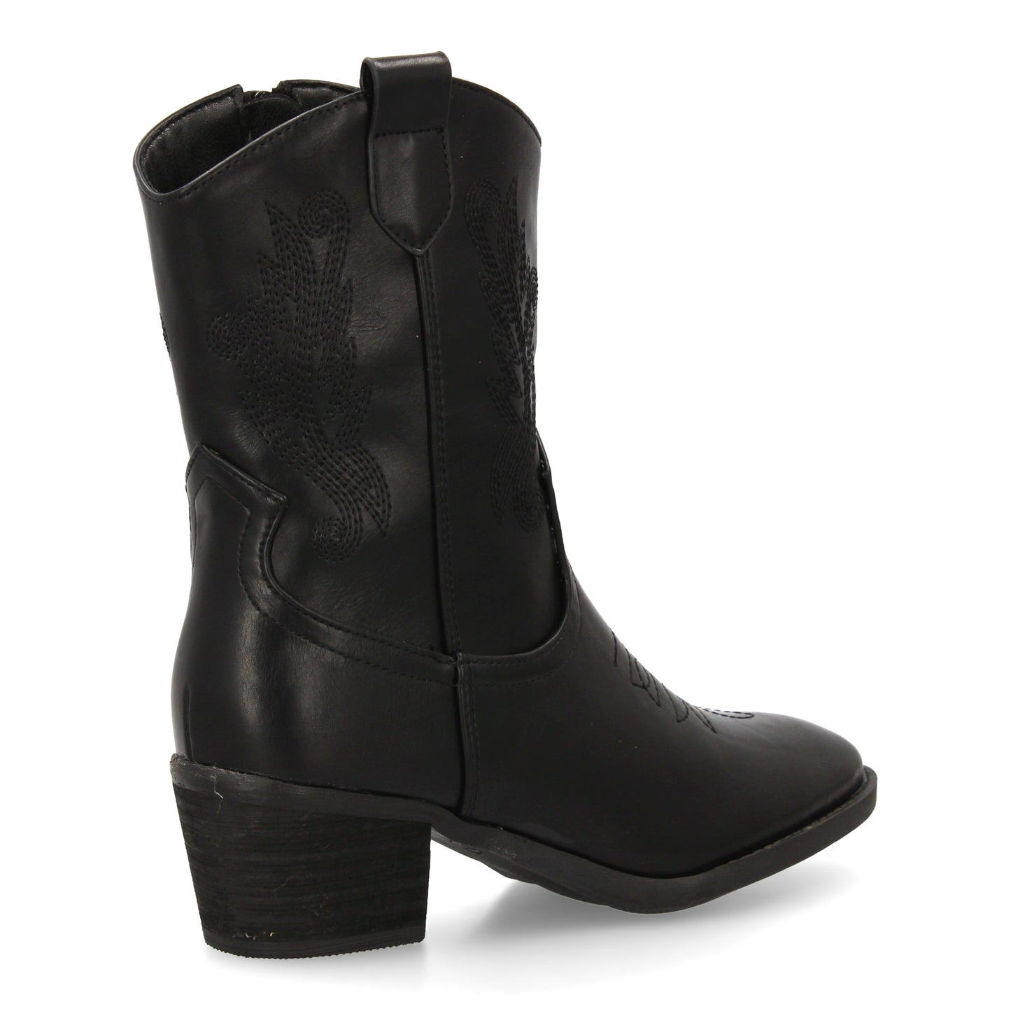 Bota cowboy negra de caña media con bordados y tacón ancho