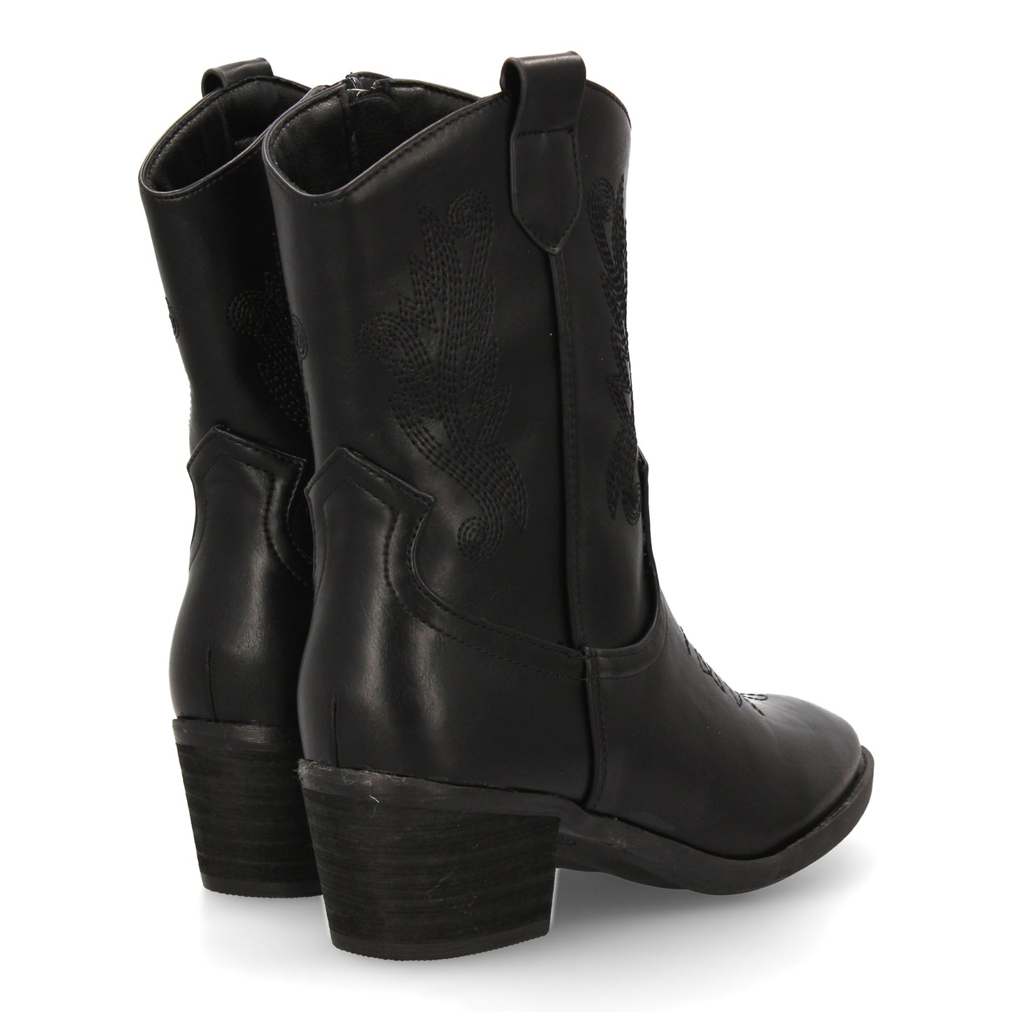 Bota cowboy negra de caña media con bordados y tacón ancho