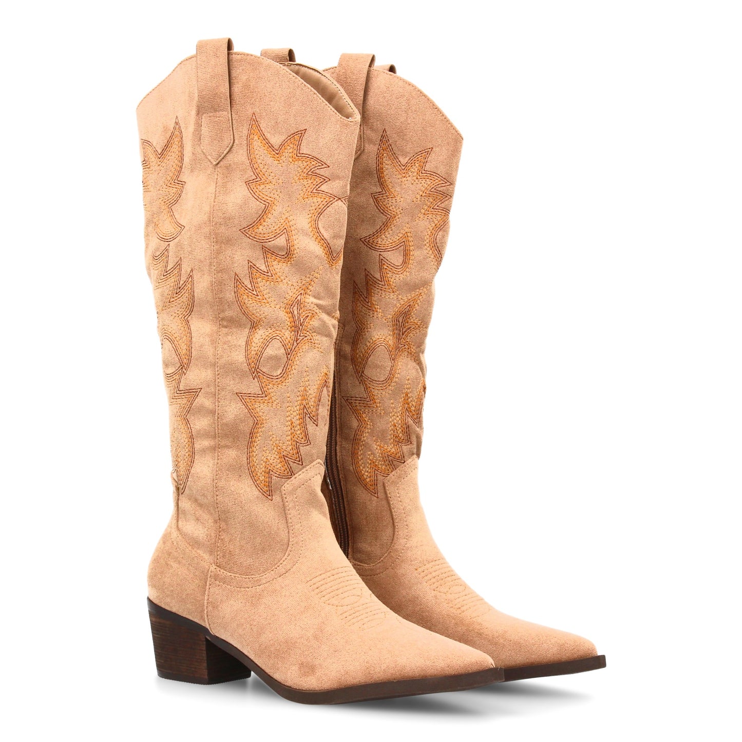 Botas camperas o cowboy de mujer color kaki, caña alta con bordados, punta fina, tacón cubano y cremallera.