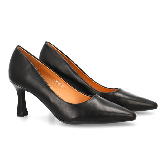 Zapatos de salón de mujer color negro, estilo clásico con punta fina y tacón medio cómodo.